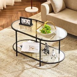 Oval Glass Coffee Table with Bottom Shelf