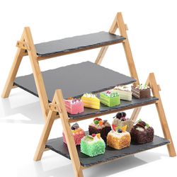 2 Set Bamboo Wood Tiered Serving Tray with 2 Tier 