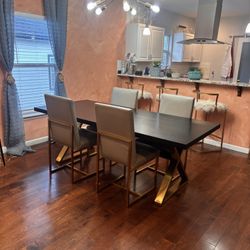 Solid Wood Black Dining Table With Brass Legs