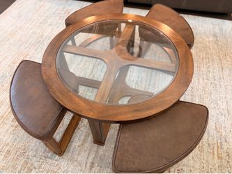 Round Glass-Top Coffee Table with 4 Nested Stools / Ottomans – Space Saver!