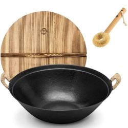 WANGYUANJI 14.2" Cast Iron Wok with Lid, Dual Handles - Flat Bottom Chinese Stir Fry Pan for Induction & Gas Stoves - Traditional Handcrafted Turtle S