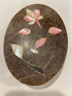 Vintage Pink Flowers Inlaid Carved Stone Trinket Box Made in India 4” long x 3” wide x 1.25” high