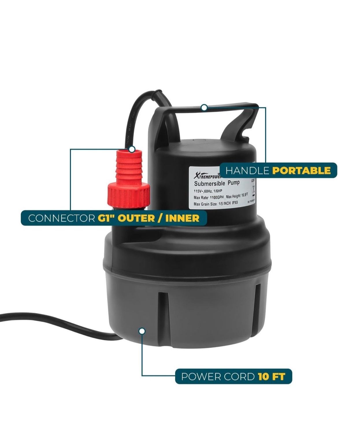 XtremepowerUS 1/6HP Submersible Water Utility Pump, 1100 GPH Portable Sump Pump for Pool Draining, Pool Cover Pump 10 FT Cord for Basements, Pool, Fou