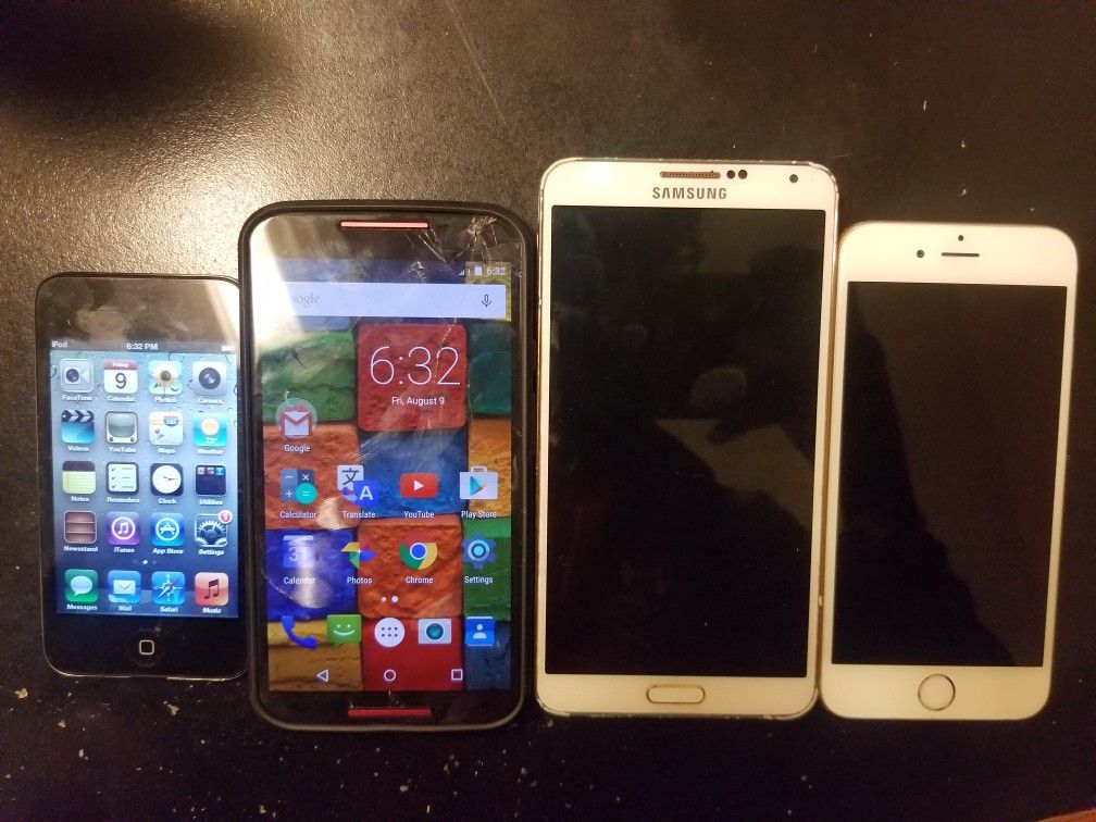 3 phones and one ipod 4 32GB - 3 with broken screen (iPhone 6, Note 4, Moto 2nd Gen (BROKEN SCREENS) ipod 4 32GB has no issues