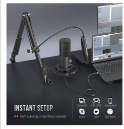 FIFINE Studio Condenser USB Microphone Computer PC Microphone Kit with Adjustable Boom Arm Stand Shock Mount for Instruments Voice Overs Recording Pod