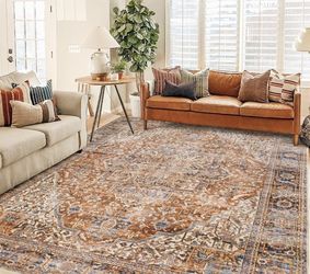 Washable Boho Area Rugs 9x12 Living Room Bedroom Under Table,Easy to Clean Vintage Floral Bohemian Rustic Western Style Large Rug for Dining Room,Terr
