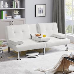 Convertible Sofa Bed Adjustable Couch Sleeper Modern Faux Leather Recliner Reversible Loveseat Folding Daybed Guest Bed, Removable Armrests, Cup Holde