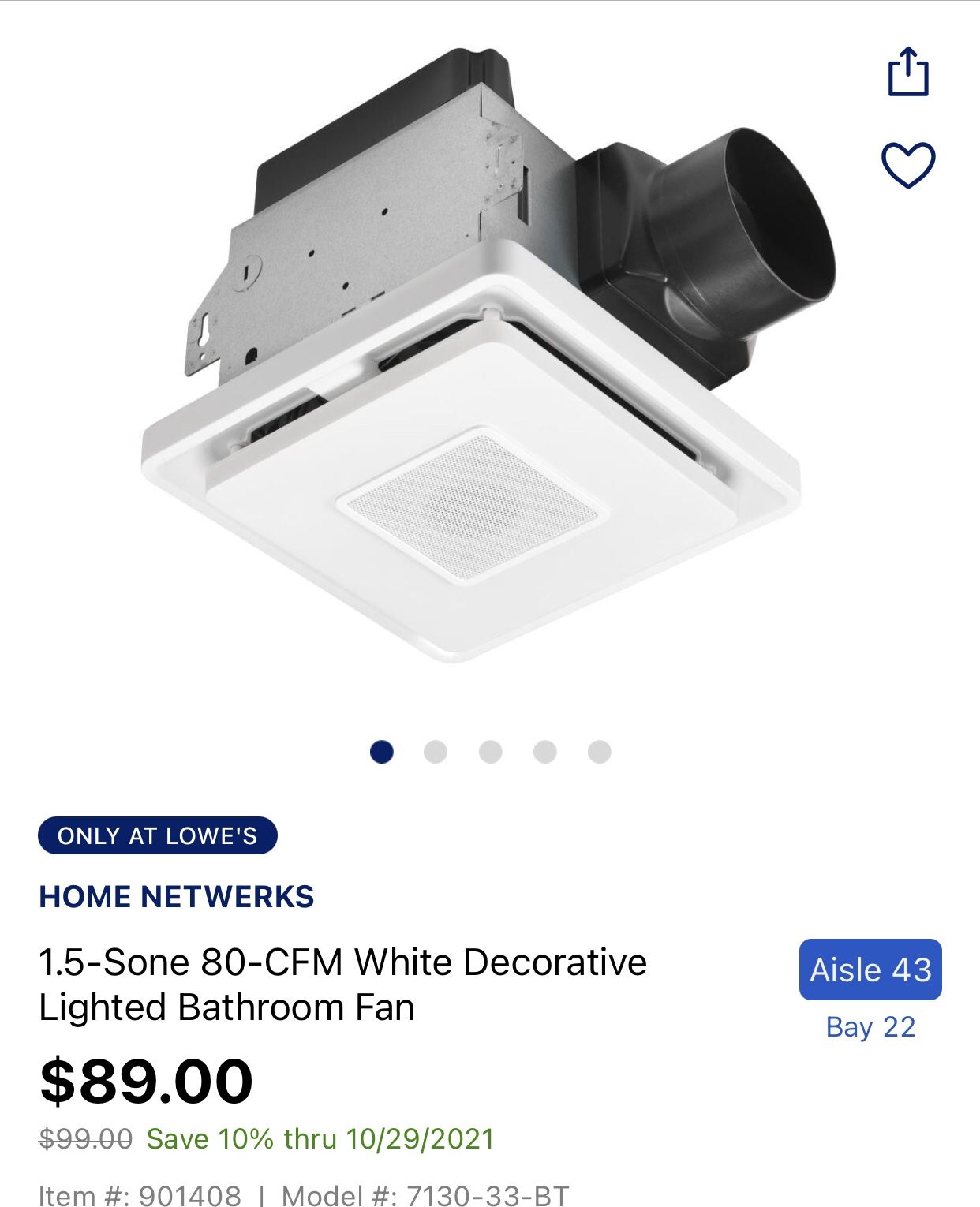 HOME NETWERKS 7130-33-BT BATH FAN WITH BLUETOOTH SPEAKER, WHITE