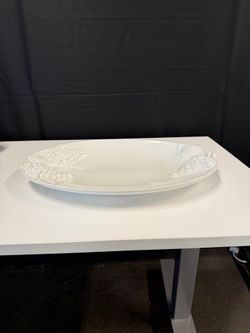 White Italian Porcelain Oval Serving Platter with Embossed Grapes