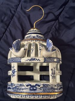Oriental Accent Rare Blue And White Porcelain Bird Cage
