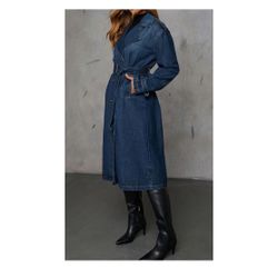 Vintage Double Breasted Mid Long Denim Jacket Jean Trench Coat Duster Blazer Jacket Windbreaker Belt