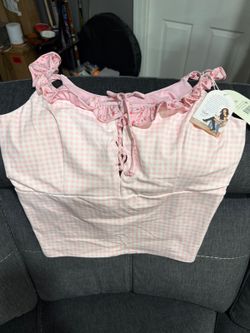Pink Gingham Ruffle Tie-Shoulder Bikini Top
