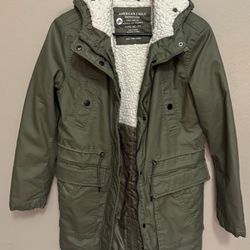 XXS American Eagle Khaki Jacket W/ Sherpa Lined Hood 