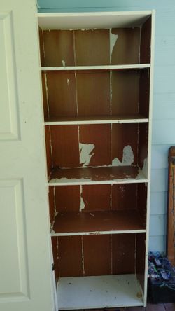 bookshelf, particle board, closet folding doors