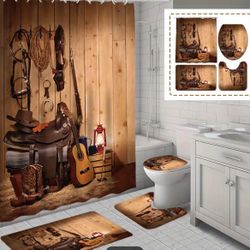 4pcs Cowboy Guitar Printed Shower Curtain Set, Waterproof Bathroom Partition Curtain With Hooks, Non-Slip Bath Rug