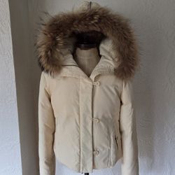 DKNY Fox Fur Trim Hooded Down Puffer, Cream Size M