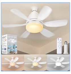 New-Socket Fan Light with Remote Control, Portable Small Ceiling Fan with Lights for Bedroom, Kitchen, Living Room, with Dimming Function, 1000 Lumens