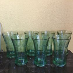 7 green glass Coca Cola 16 oz glasses