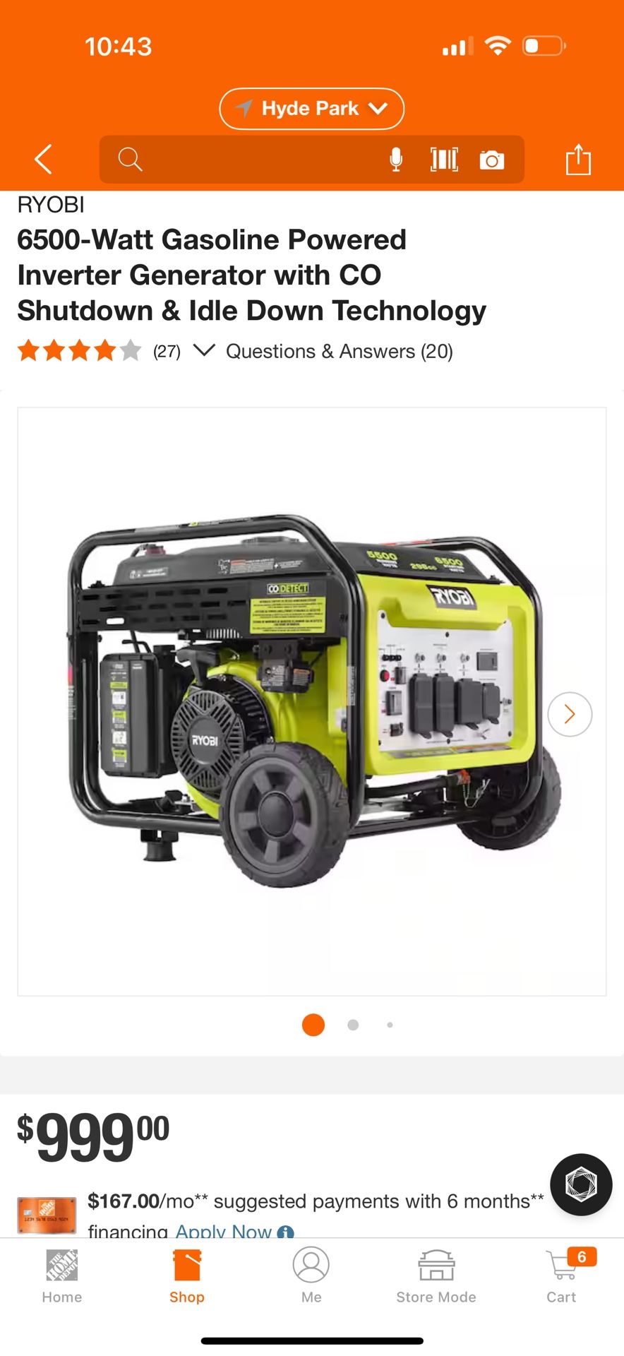 6500-Watt Gasoline Powered Inverter Generator with CO Shutdown & Idle Down Technology