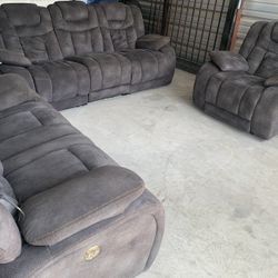 Gray 3 Piece Electric Recliner Sofa Set