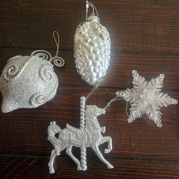 Set Of 4 Vintage Silver Shimmering Christmas Ornaments