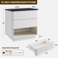 22" Modern Nightstand with Curved Front, Wooden Nightstand with Charging Station and Push-to-Open Drawers, Bedside End Table with Storage, White