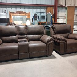 Brown Sofa Set ( Love Seat With Center Console And Rocking Single Recliner))