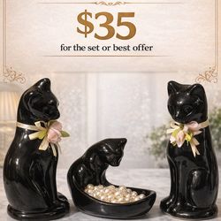 Vintage Black Cat Figurine Set w/ Bowl – Glossy Decor 🖤