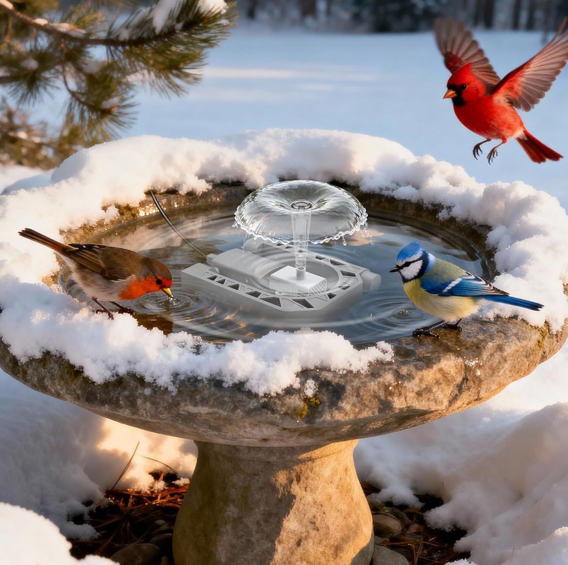 NEW 500W Bird Bath Heater with Fountain, Outdoor Cast Aluminum Submersible De-Icer with Thermostat, Birds Bath Water Heater for Winter, Chicken Watere