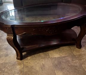 Vintage Style Oval Glass Coffee Table Solid Wood