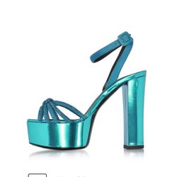 Teal Open Square Toe Strappy Knotted Chunky Heel Platform Sandals With Free Matching Belt