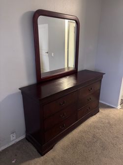 Dark Cherry Wood Dresser with Mirror