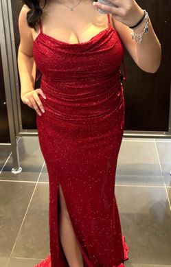 Stunning Red Glitter Cowl Neck Long Prom / Formal Dress with Slit size Large
