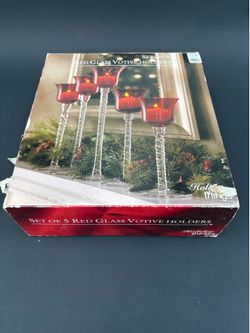 Red Glass Votive Candle Holders Holiday Things Set of 5 Clear Spiral Stem Vintage