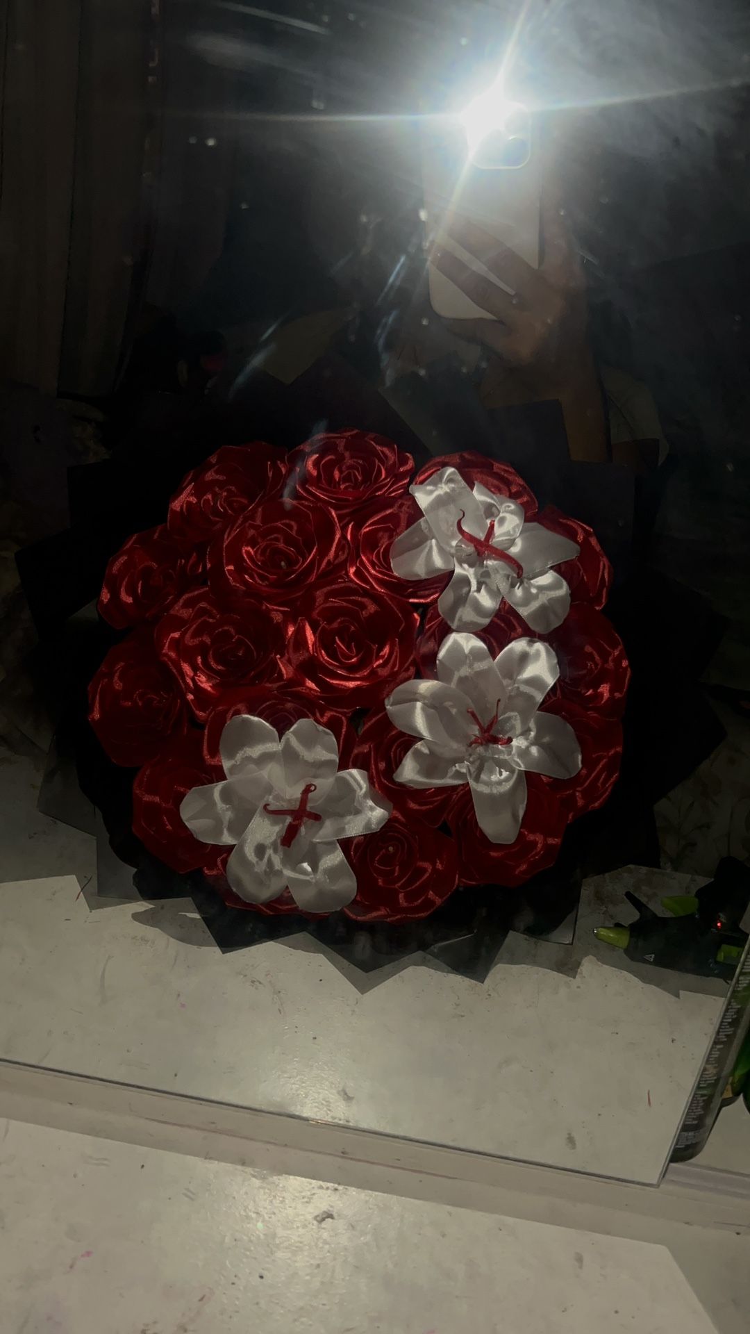 red roses , white hibiscus bouquet 💐