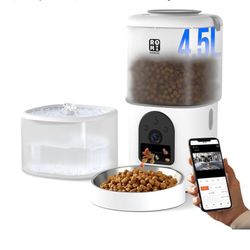 Romiromi  2-in-1 Automatic Cat Feeder with Camera and Water Fountain Dispenser 1080P HD Video 2.4G&5G WiFi Timed Auto Feeder with APP Control,Multip