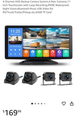 4 Channel AHD Backup Camera System,4 Rear Cameras,11 inch Touchscreen with Loop Recording,IP69K Waterproof, Night Vision,Bluetooth Music USB Video for