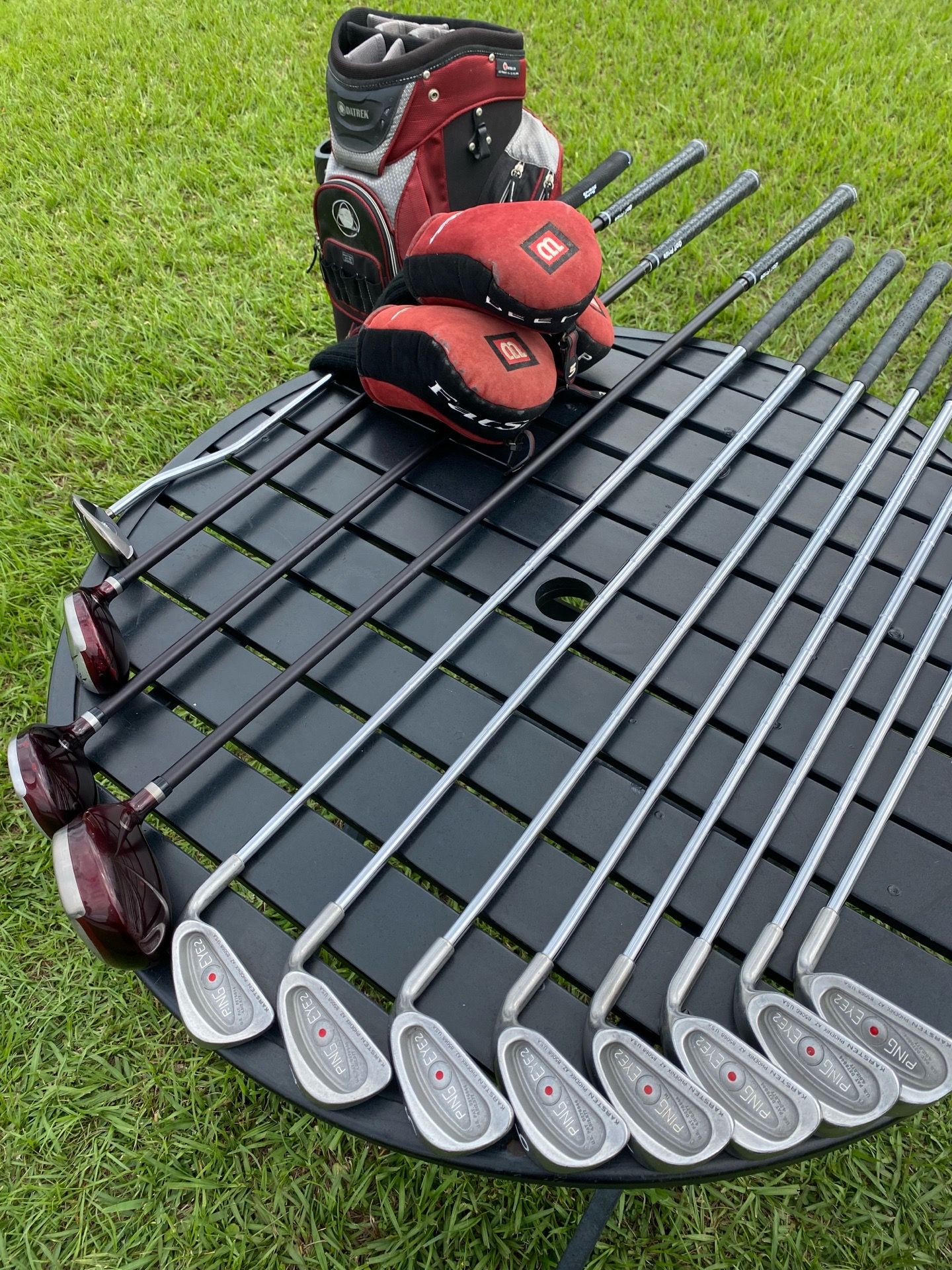 Red dot Ping golf club set with deep red drivers and woods for Sale in ...