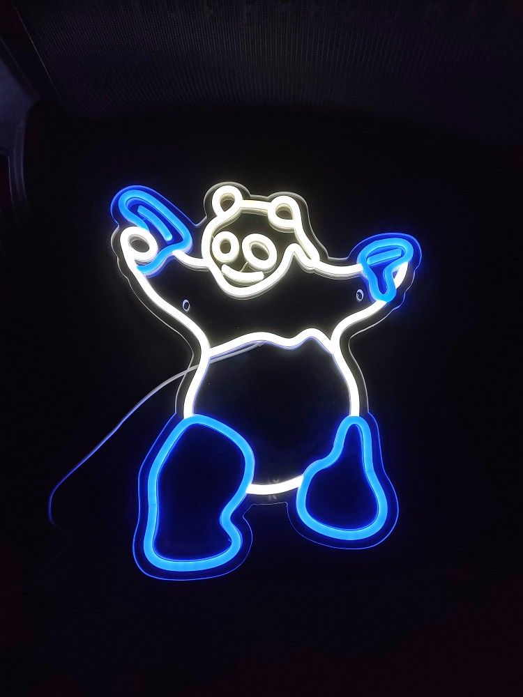 ARMED PANDA BEAR LED LIGHT SIGN. 14" X 13". 6 FT. USB CORD. DIMMER SWITCH. NEW. PICKUP ONLY.