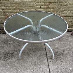 Round Glass Top Patio Table with White Frame