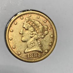 1882 $5 Liberty US Solid Gold Coin W/ COA