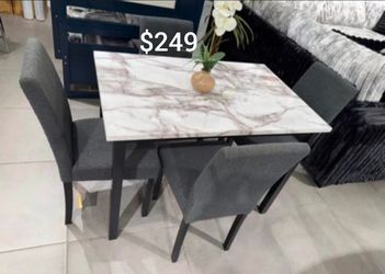 5-pc dining table set grey fabric upholstered chairs