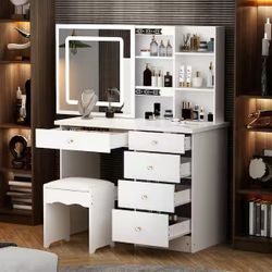 5-Drawers White Wood LED Push-Pull Mirror Makeup Vanity Sets Dressing Table Sets with Stool and 3-Tier Storage Shelves