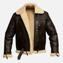 Men's PU Leather Jacket B3 Aviator RAF Faux SheepSkin Pilot Flying Coat 
