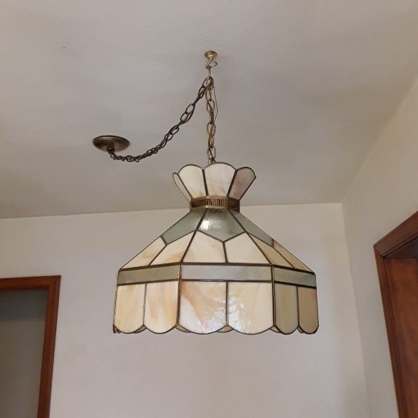 Vintage Tiffany Style Hanging Light Fixture - Antique Brass Hardware