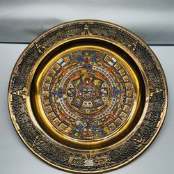 Mexico Brass Aztec Hanging Plate,Colorful Enamel Inlay, 11"