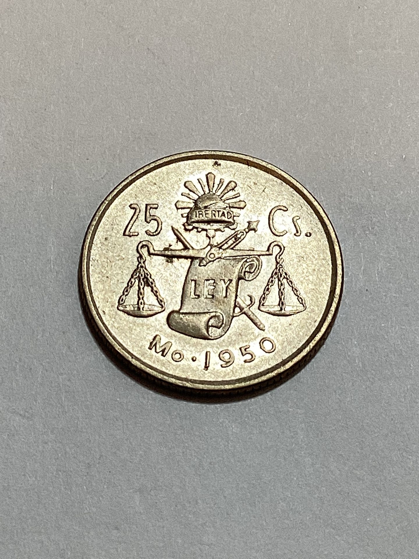 1950 Mexico Silver 25 Centavos Coin / Moneda De Plata 25 Centavos - Balanza