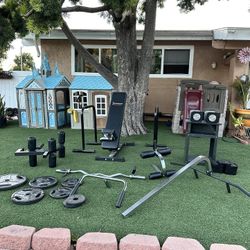 Iron Master Bench, Dumbbells, Attachments, Weights, And Curl Bar