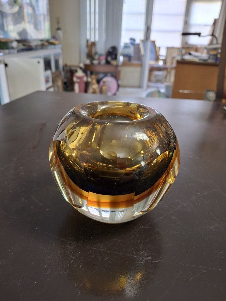 Vintage Murano Style Hand Blown Sommerso Faceted Votive Paperweight Autumn 4" W/Beautiful Ambers & Browns
