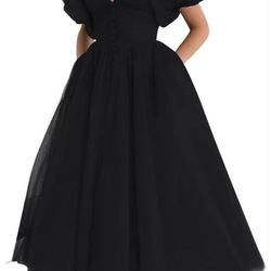 Brand New Puffy Sleeve Prom Dresses for Women Dotted Tulle V Neck Formal Evening Party Gowns Tea Length